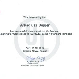 Certyfikat ukończenia szkolenia nt. projektowania w zgodności z normą EN 62368-1.