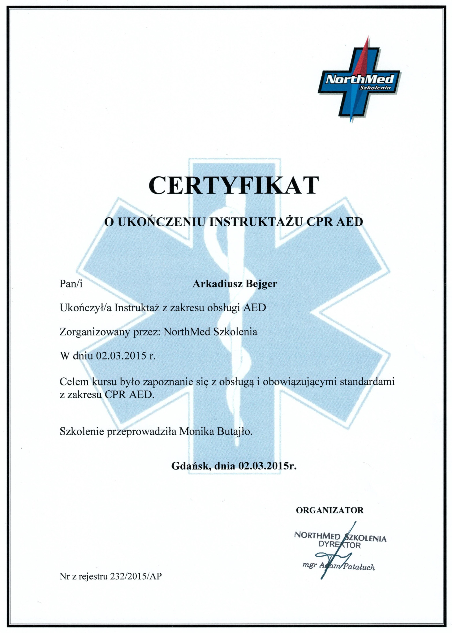 Certyfikat o ukończeniu instruktażu CPR AED.