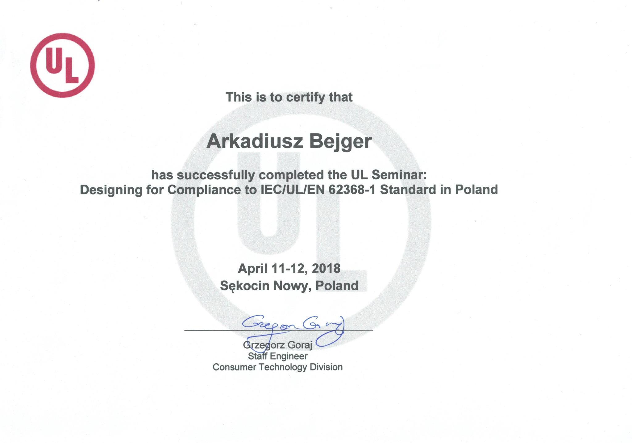 Certyfikat ukończenia szkolenia nt. projektowania w zgodności z normą EN 62368-1.