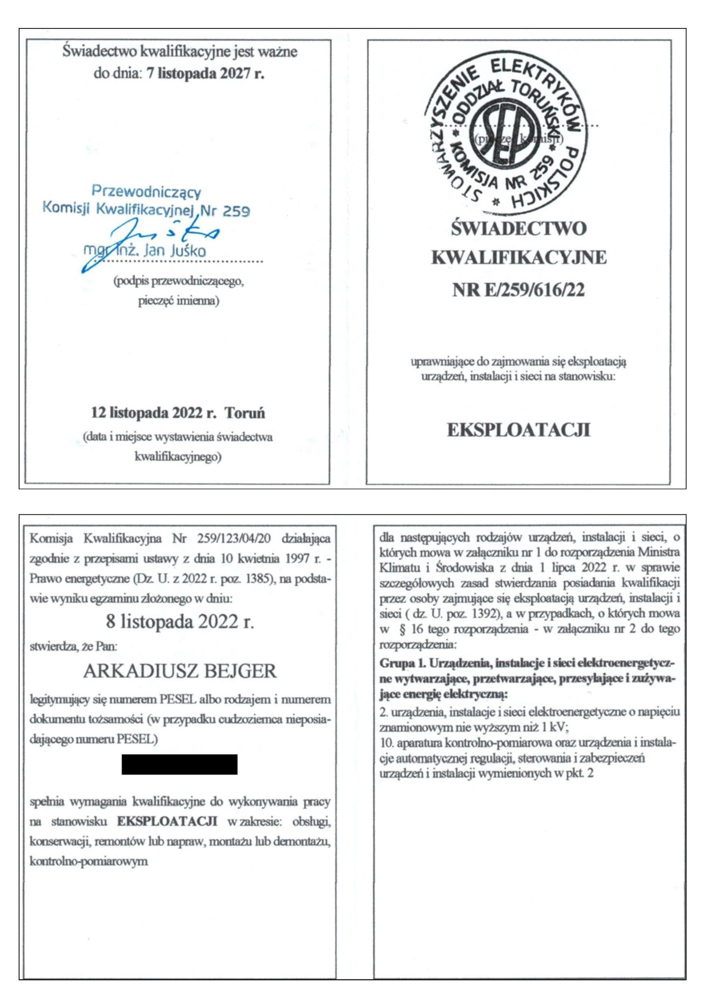 Świadectwo kwalifikacyjne eksploatacyjne do 1 kV (2022 - 2027).