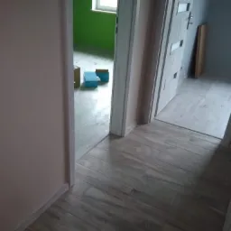 Ułożona podłoga z płytek imitujących drewno w nowym mieszkaniu, widok na otwarte drzwi wewnętrzne z szybami, zielona ściana w tle i kartony na podłodze.