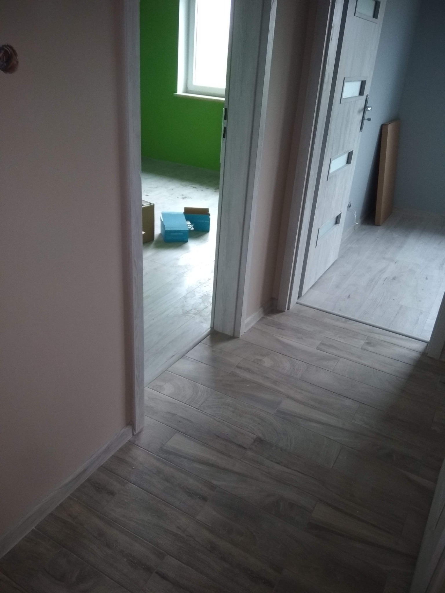 Ułożona podłoga z płytek imitujących drewno w nowym mieszkaniu, widok na otwarte drzwi wewnętrzne z szybami, zielona ściana w tle i kartony na podłodze.