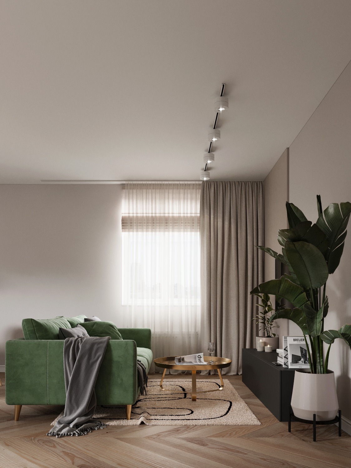 Wizualizacja salonu z zieloną sofą, okrągłym stolikiem kawowym na złotych nogach i dywanem z abstrakcyjnym wzorem. Na podłodze parkiet w jodełkę. Duża roślina doniczkowa w białej osłonce stoi obok...