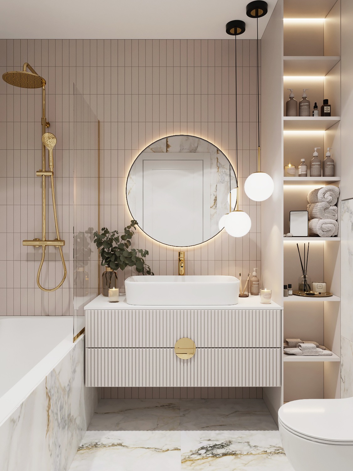 Elegancka łazienka w odcieniach beżu i bieli z akcentami złota: kabina prysznicowa ze złotą armaturą, okrągłe lustro podświetlane LED, umywalka nablatowa na szafce z ryflowanym frontem i złotymi...