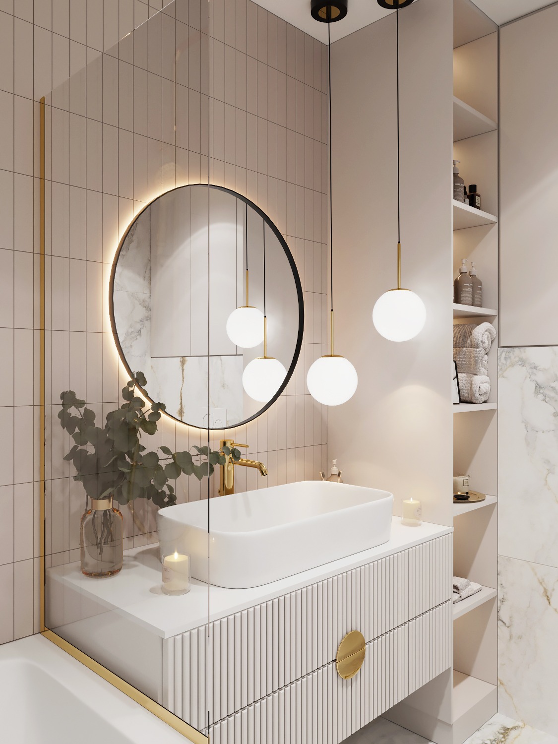 Elegancka łazienka z umywalką nablatową, złotą armaturą i okrągłym lustrem podświetlanym LED, uzupełniona wiszącymi lampami kulami i rośliną w szklanym wazonie.
