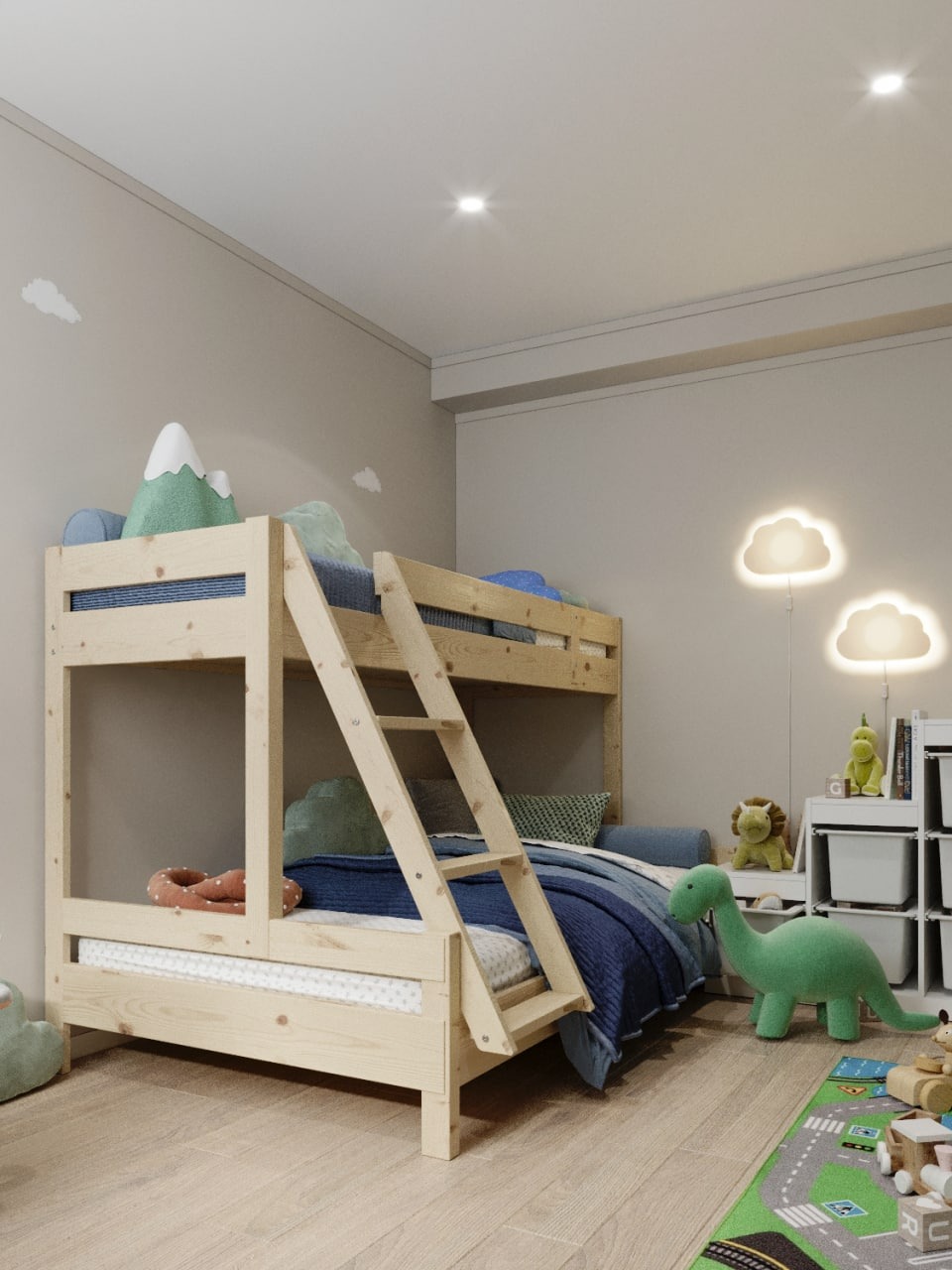 Pokój dziecięcy z drewnianym łóżkiem piętrowym, drabinką, niebieską pościelą, pluszowymi dinozaurami, lampkami w kształcie chmur i dywanem z motywem ulicy.