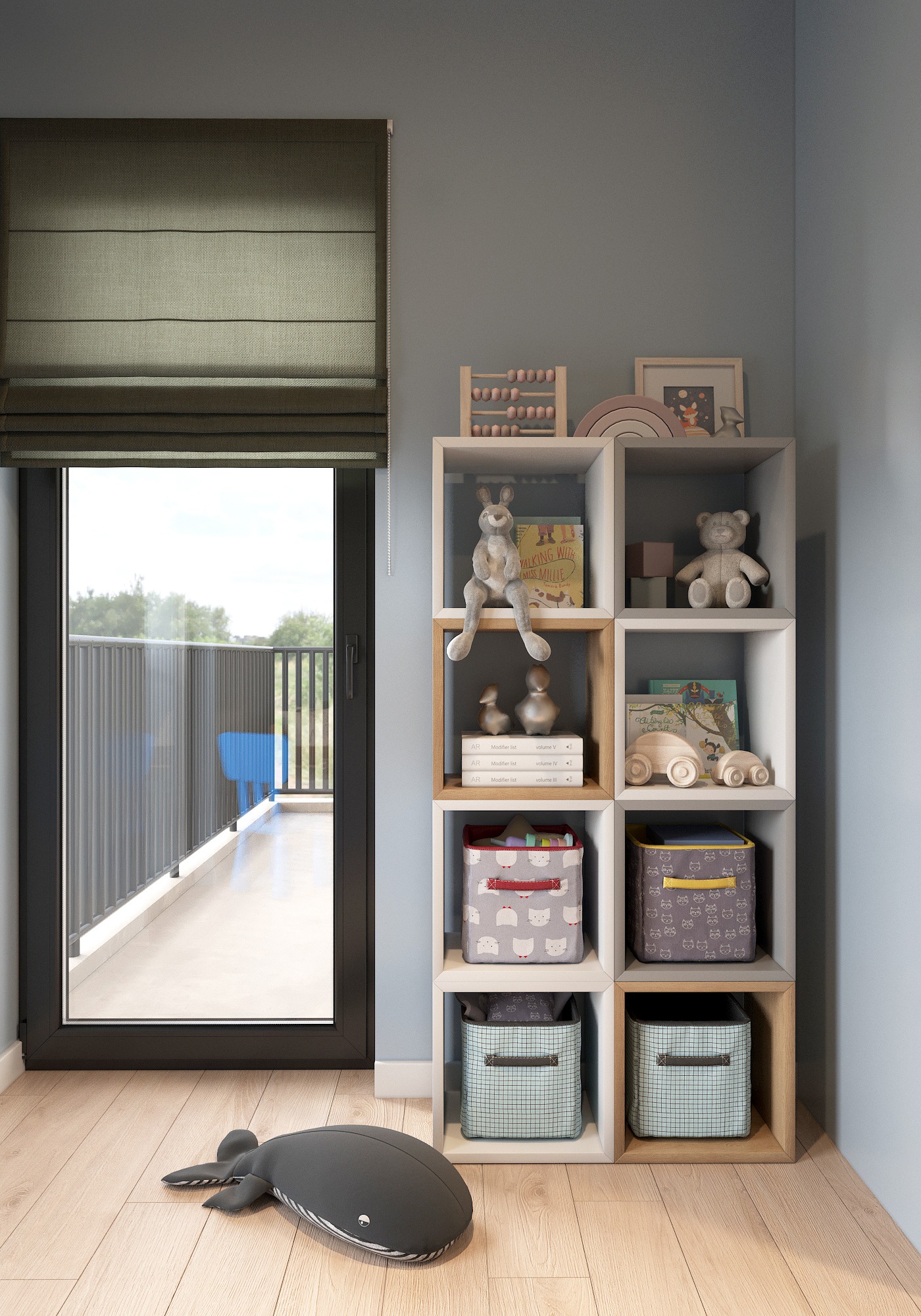 Projekt sypialni dziecięcej z regałem na zabawki, pluszowym wielorybem na podłodze i wyjściem na balkon.