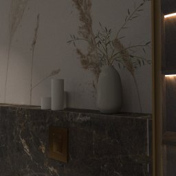 Dominika Chabiniak IDEAA - Nowoczesna łazienka z marmurową umywalką, podświetlanym lustrem, minimalistyczną armaturą i dekoracjami w postaci świec i wazonu z gałązkami.