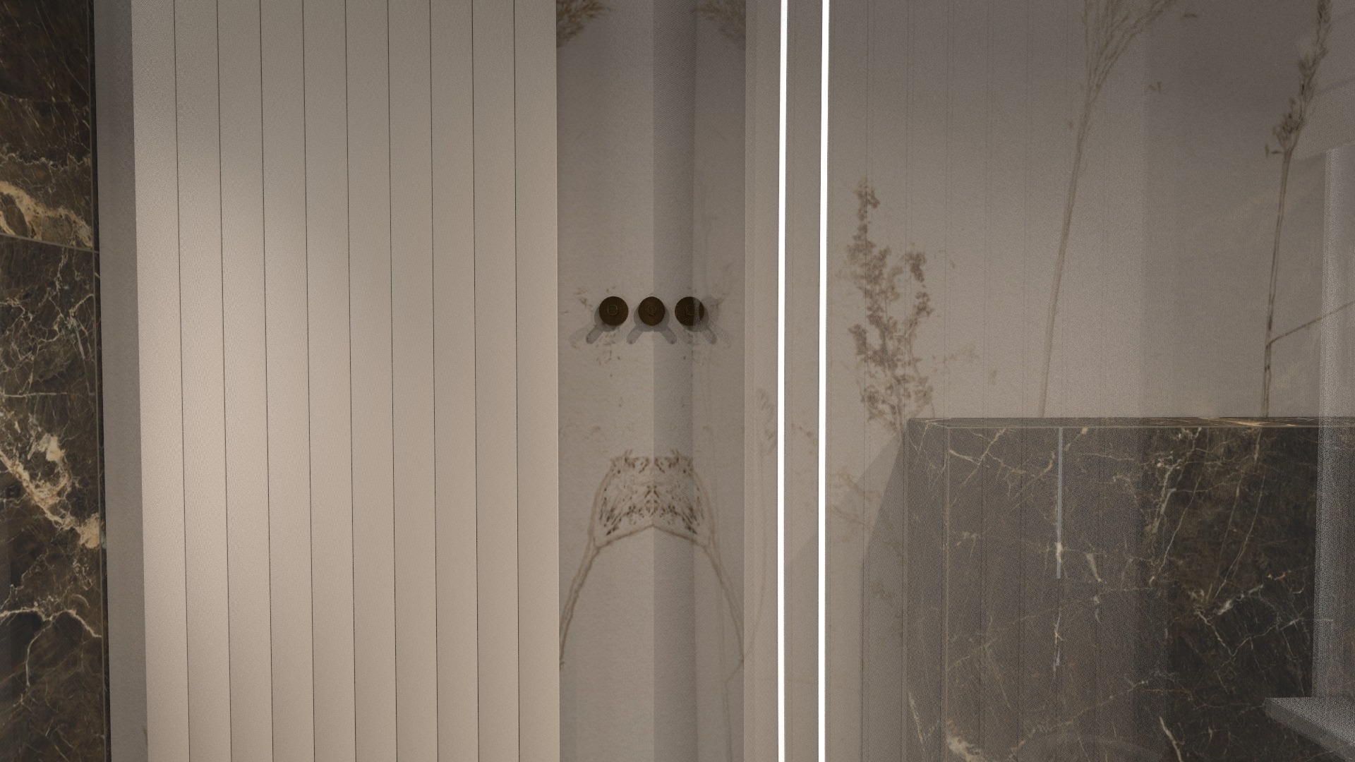 Minimalistyczna łazienka z pionowymi panelami ściennymi, armaturą w kolorze brązu i marmurową umywalką z widocznym wzorem delikatnych, roślinnych dekoracji na ścianie.