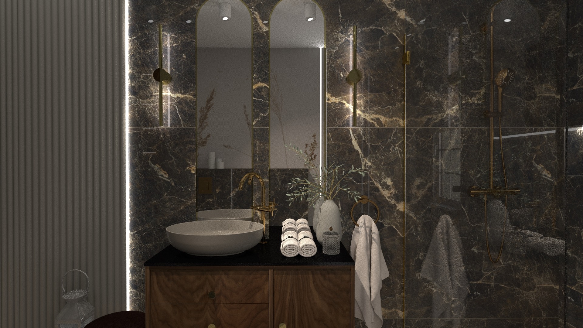 Elegancka łazienka z marmurowymi ścianami, owalną umywalką nablatową, złotą armaturą, dwoma lustrami w złotych ramach i oświetleniem LED po bokach.