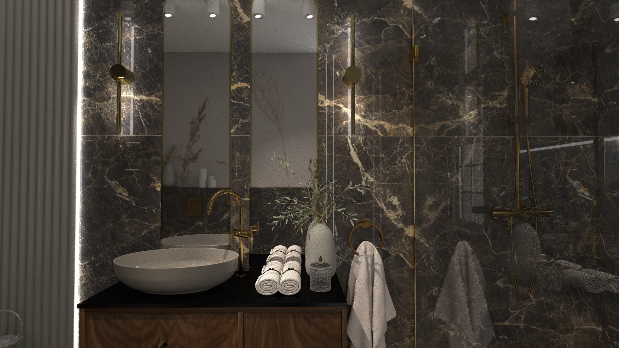 Elegancka łazienka z ciemnymi marmurowymi płytkami, złota armatura, owalna umywalka nablatowa, dekoracyjne oświetlenie i białe ręczniki.