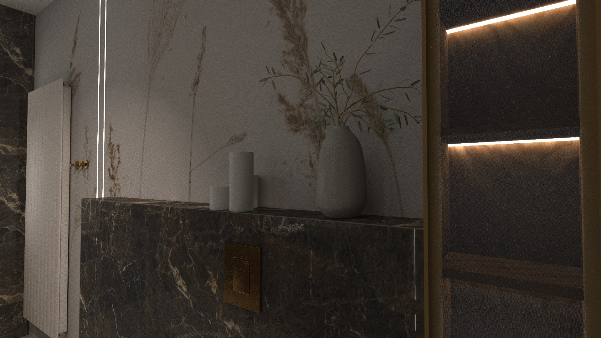 Nowoczesna łazienka z marmurową umywalką, podświetlanym lustrem, minimalistyczną armaturą i dekoracjami w postaci świec i wazonu z gałązkami.