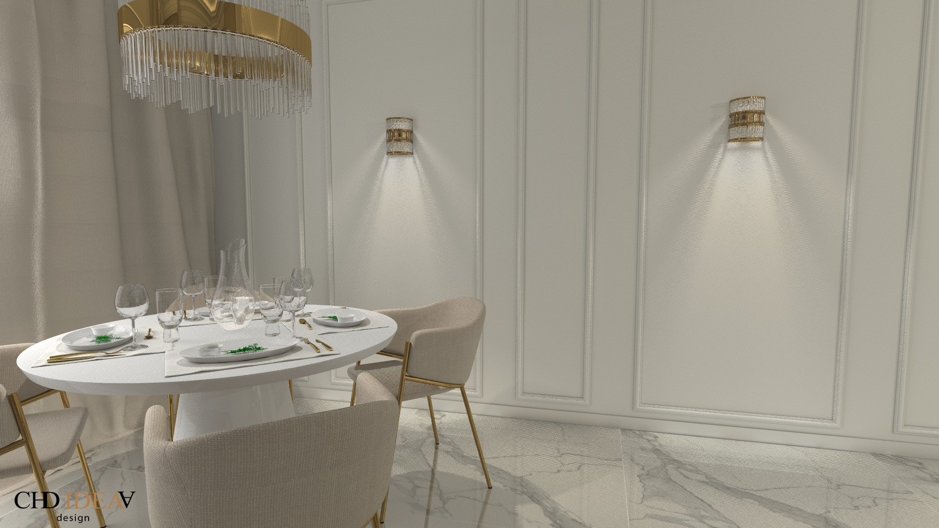 Elegancka jadalnia w odcieniach bieli i beżu z okrągłym stołem nakrytym dla kilku osób, oświetlona złotym żyrandolem i kinkietami, marmurowa podłoga.