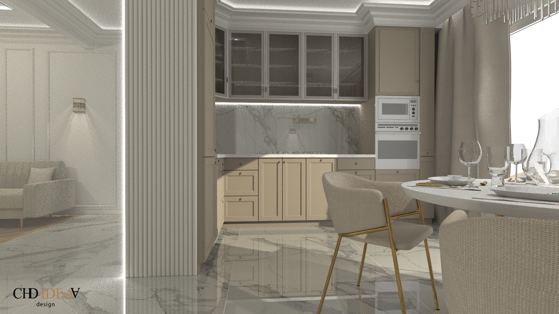 Beżowa kuchnia w stylu glamour z marmurowym backsplashiem, przeszklonymi szafkami wiszącymi i okrągłym stołem z nakryciem dla dwóch osób. W tle widoczny salon.