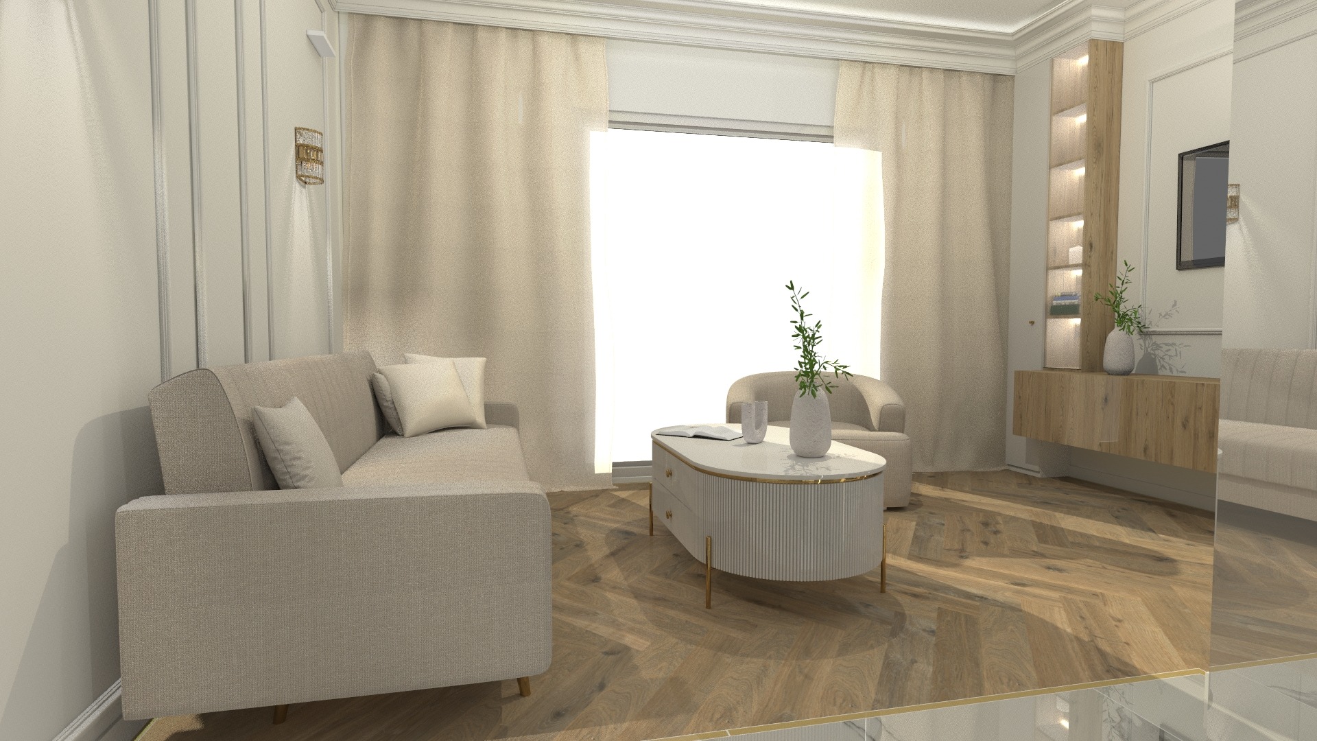 Jasny salon z parkietem w jodełkę, beżową sofą, fotelami i stolikiem kawowym z dekoracyjnymi wazonami, oświetlony przez okno z zasłonami.