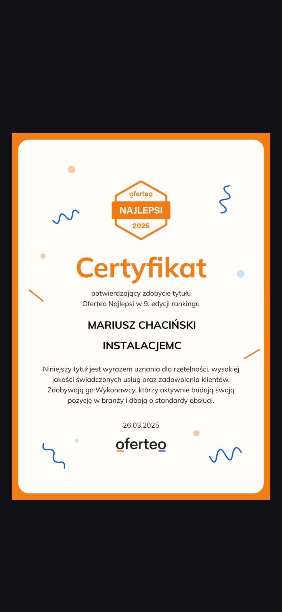Certyfikat Oferteo Najlepsi 2025 dla Mariusza Chacińskiego, instalacjemc, potwierdzający wysoką jakość świadczonych usług.