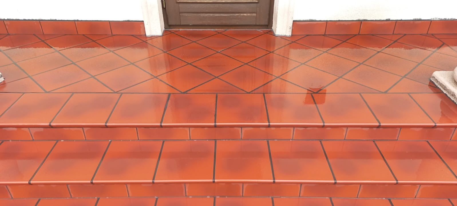 Błyszczące, terakotowe płytki na schodach wejściowych z ciemnymi fugami, ułożone w kwadraty i romby, prowadzące do brązowych drzwi.