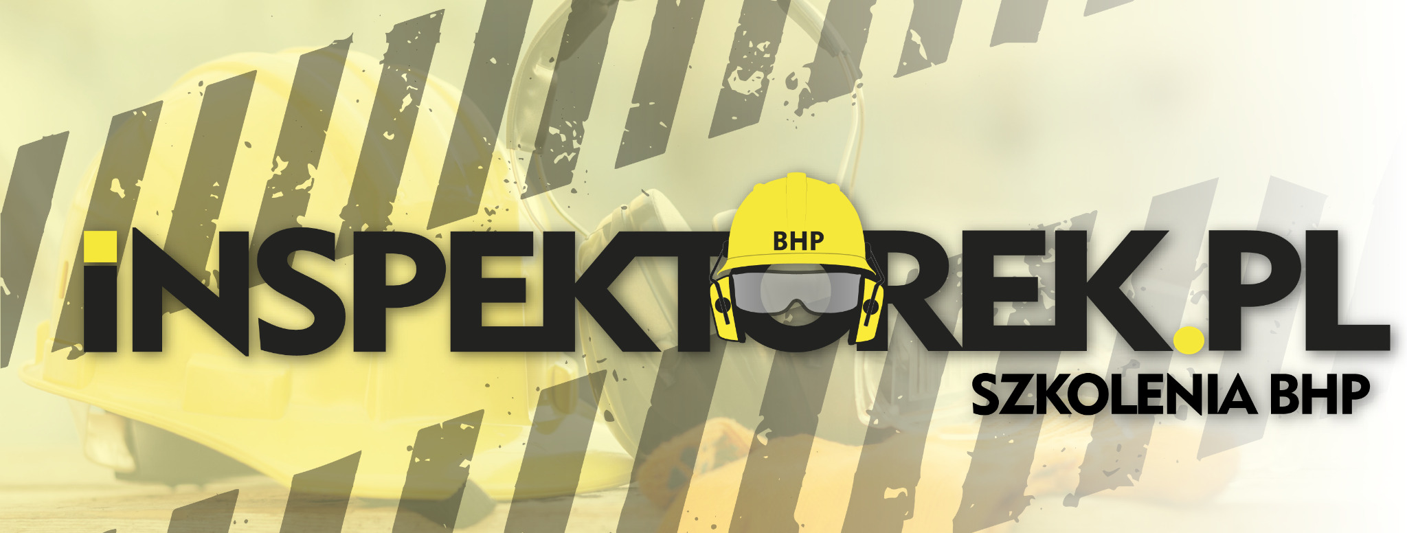 Grafika z logotypem 'INSPEKTOREK.PL' i hasłem 'SZKOLENIA BHP', z żółtym kaskiem BHP z okularami i nausznikami, na tle z czarno-żółtymi pasami ostrzegawczymi.