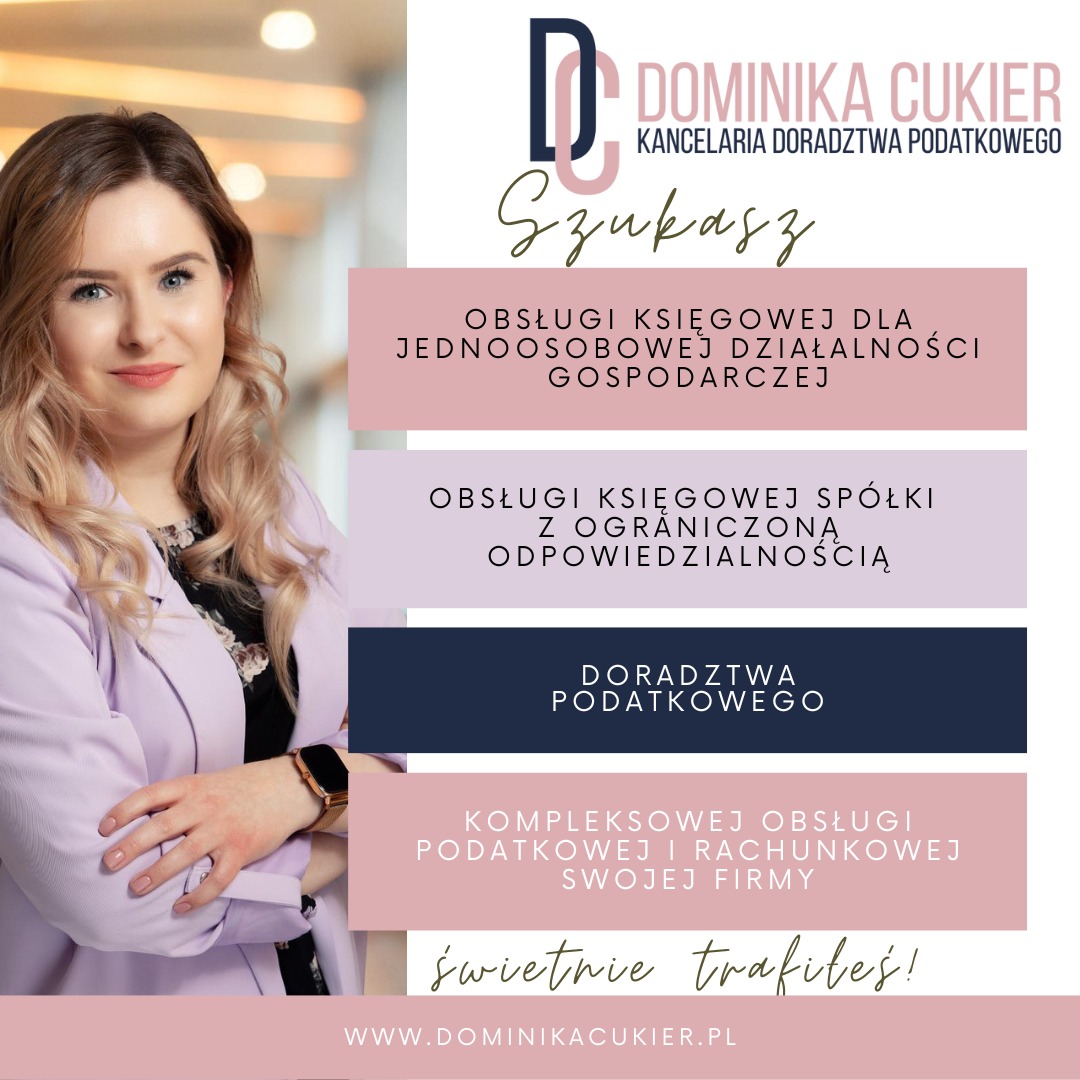 Portret kobiety w liliowym żakiecie, z rękami skrzyżowanymi, na tle grafiki reklamującej usługi kancelarii doradztwa podatkowego z hasłami: Obsługa księgowa dla jednoosobowej działalności...