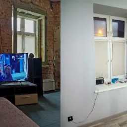 Porównanie stanu pokoju przed i po: surowa cegła i okno przed remontem obok świeżo pomalowanej ściany z nowym oknem i parapetem.