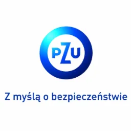 Niebieskie logo PZU w okręgu, z hasłem 'Z myślą o bezpieczeństwie' poniżej, na białym tle.