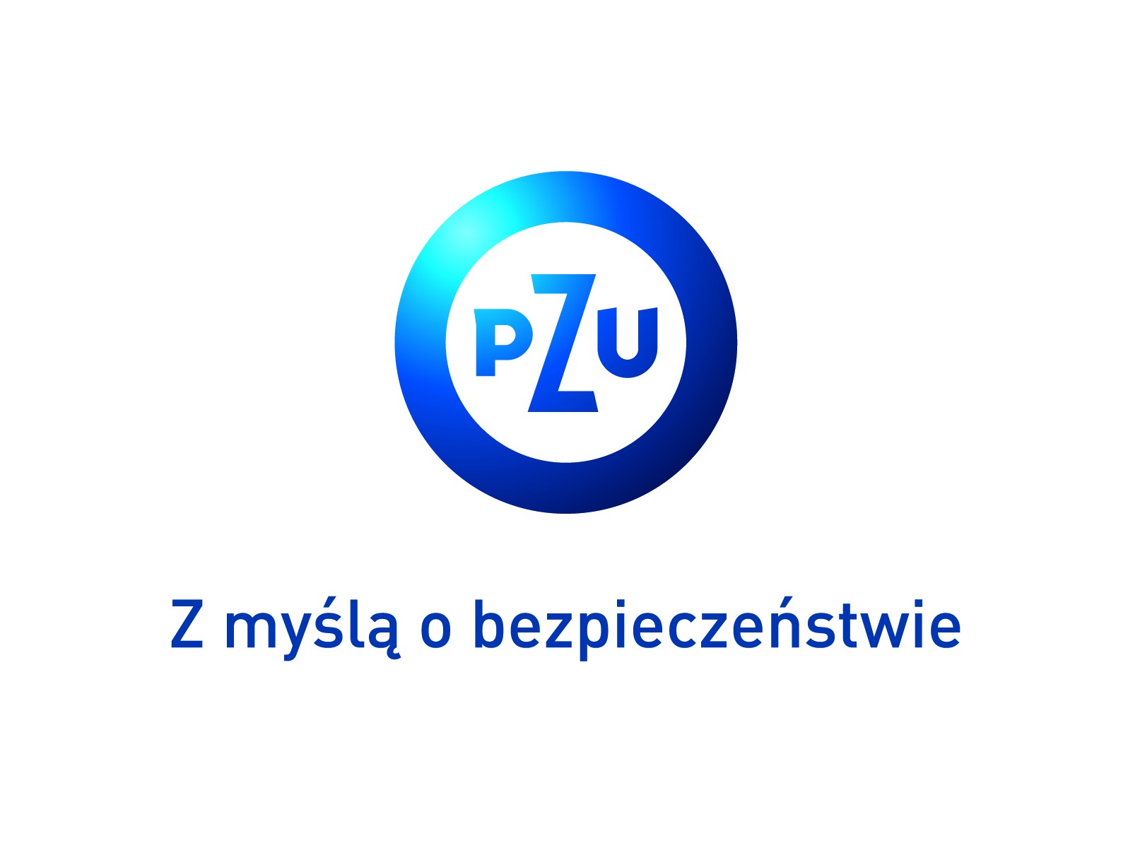 Niebieskie logo PZU w okręgu, z hasłem 'Z myślą o bezpieczeństwie' poniżej, na białym tle.