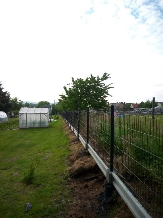 Nowo zamontowane ogrodzenie panelowe z podmurówką betonową oddzielające trawnik od terenu z wykopaną ziemią, w tle szklarnia i drzewo.