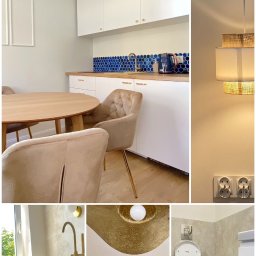 YURAX GROUP Sp. z o. o. - Wnętrze domu w kolażu: kuchnia z niebieską mozaiką nad blatem, okrągły stół z krzesłami, łazienka z wolnostojącą wanną, ozdobny piec kaflowy i toaleta z szarą mozaiką na podłodze.