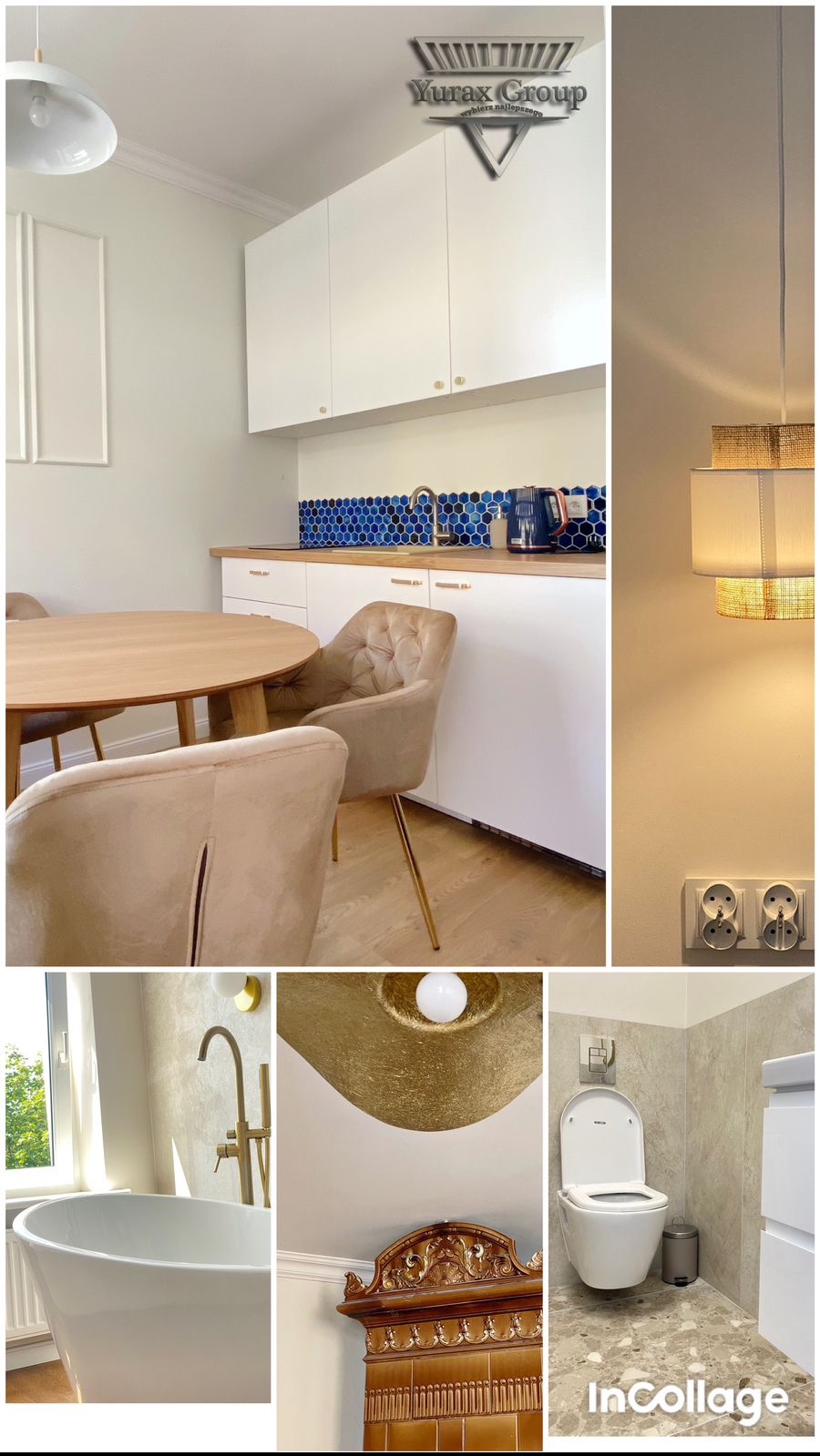 Wnętrze domu w kolażu: kuchnia z niebieską mozaiką nad blatem, okrągły stół z krzesłami, łazienka z wolnostojącą wanną, ozdobny piec kaflowy i toaleta z szarą mozaiką na podłodze.