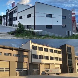 ELEBUD ELEWACJE DOCIEPLENIA - Nowoczesny budynek biurowy z elewacją w odcieniach szarości i bieli, widoczny z dwóch perspektyw, z flagami na dachu i zaparkowanym busem z logo firmy budowlanej.