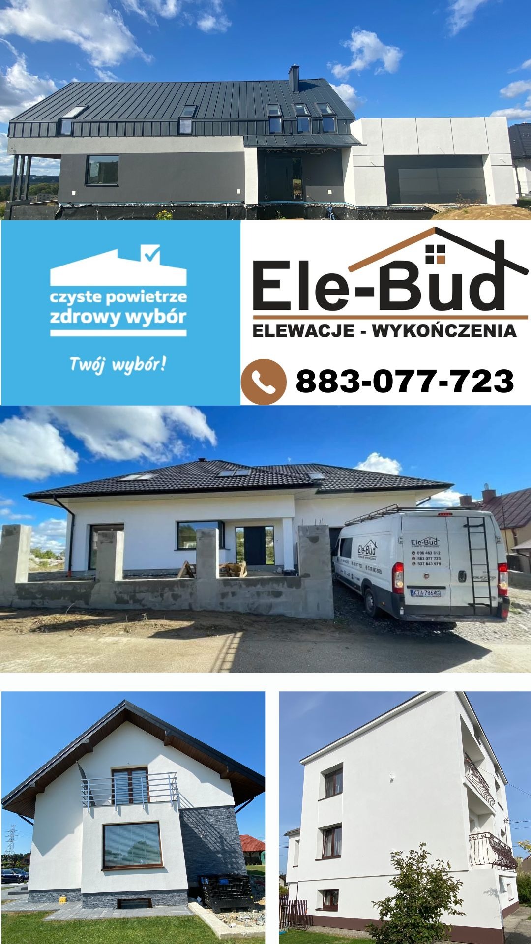 Kompozycja czterech zdjęć przedstawiających domy po wykonaniu prac elewacyjnych, z logo firmy Ele-Bud i informacją o programie Czyste Powietrze.