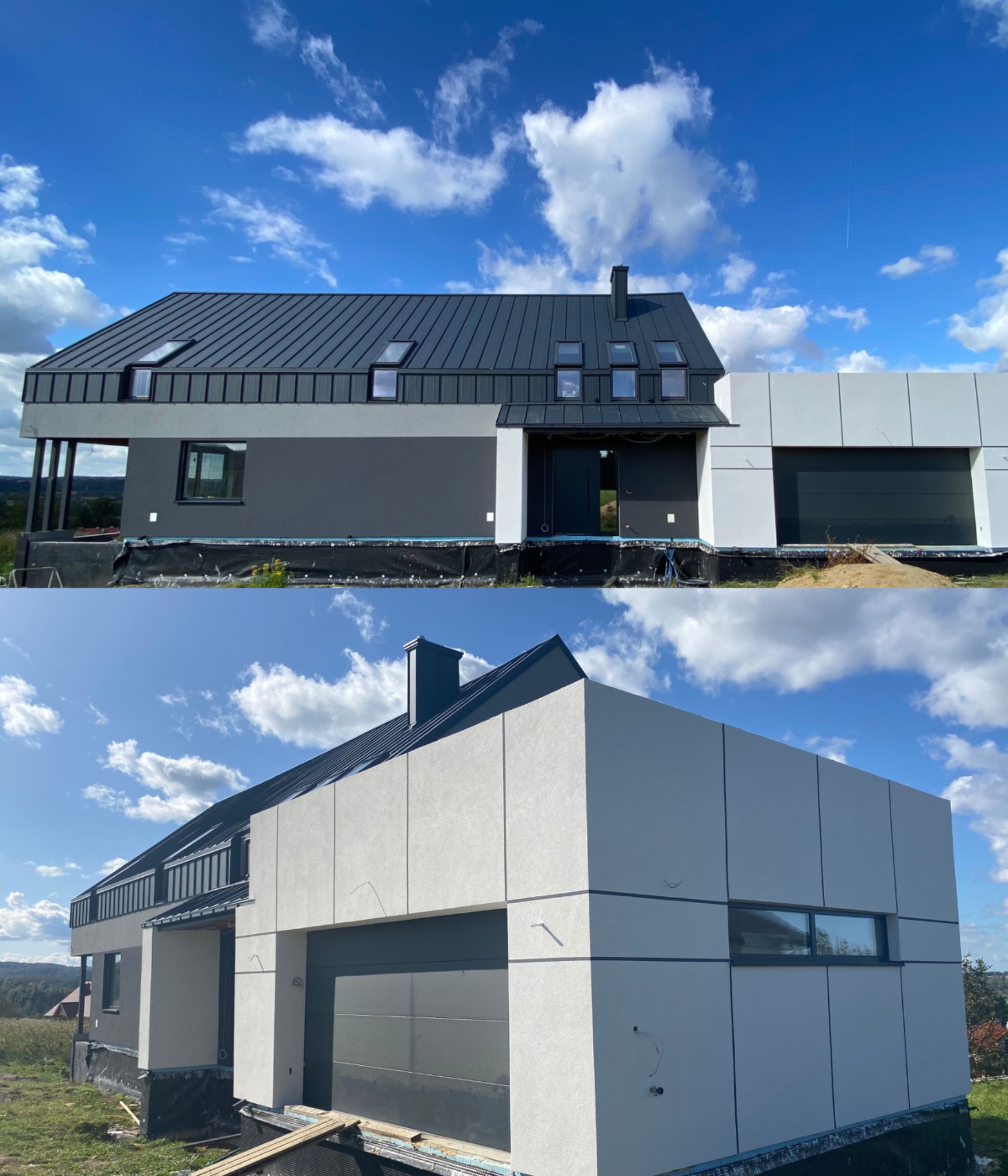 Nowoczesny dom jednorodzinny z szarą elewacją i grafitowym dachem z blachy na tle błękitnego nieba z chmurami, widoczne detale wykończenia elewacji i stolarki okiennej.