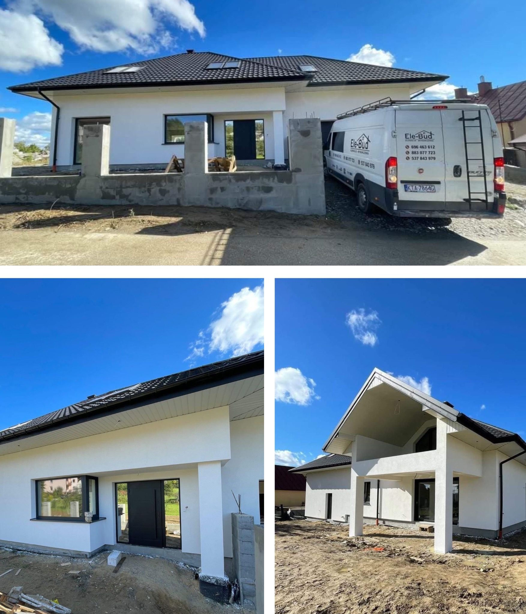 Nowoczesny, parterowy dom z białymi ścianami i ciemną dachówką, częściowo wykończony, z widocznym samochodem dostawczym firmy budowlanej Ele-Bud na podjeździe.