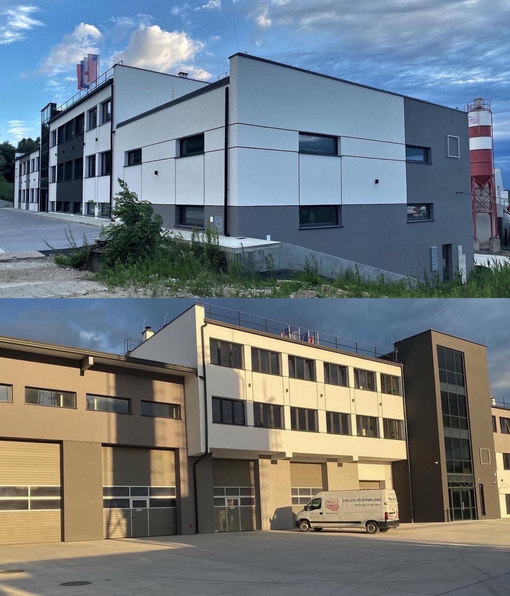 Nowoczesny budynek biurowy z elewacją w odcieniach szarości i bieli, widoczny z dwóch perspektyw, z flagami na dachu i zaparkowanym busem z logo firmy budowlanej.