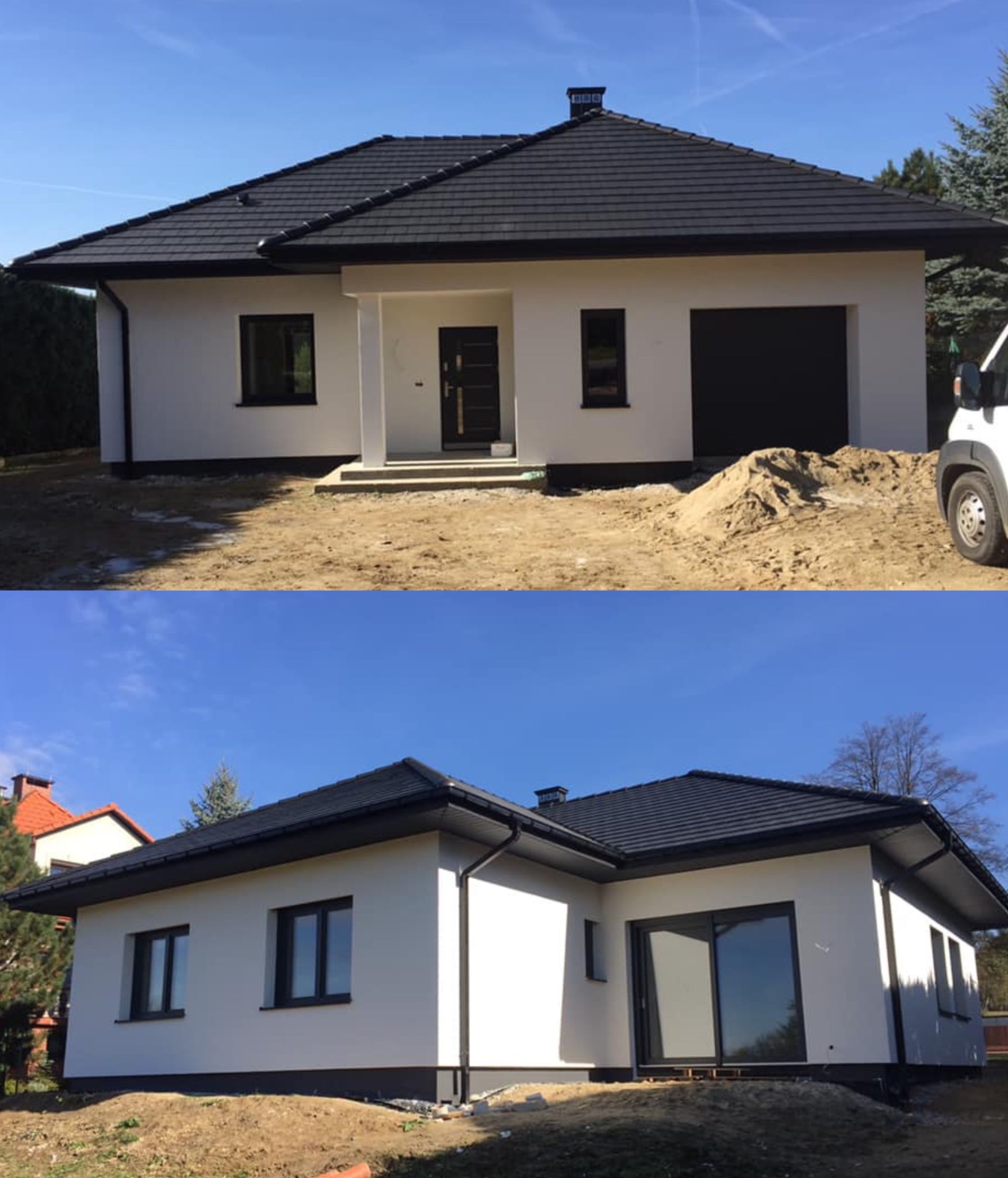 Nowoczesny dom jednorodzinny z białą elewacją i ciemną dachówką, widoczne okna z czarnymi ramami, brama garażowa oraz sterta piasku przed budynkiem.