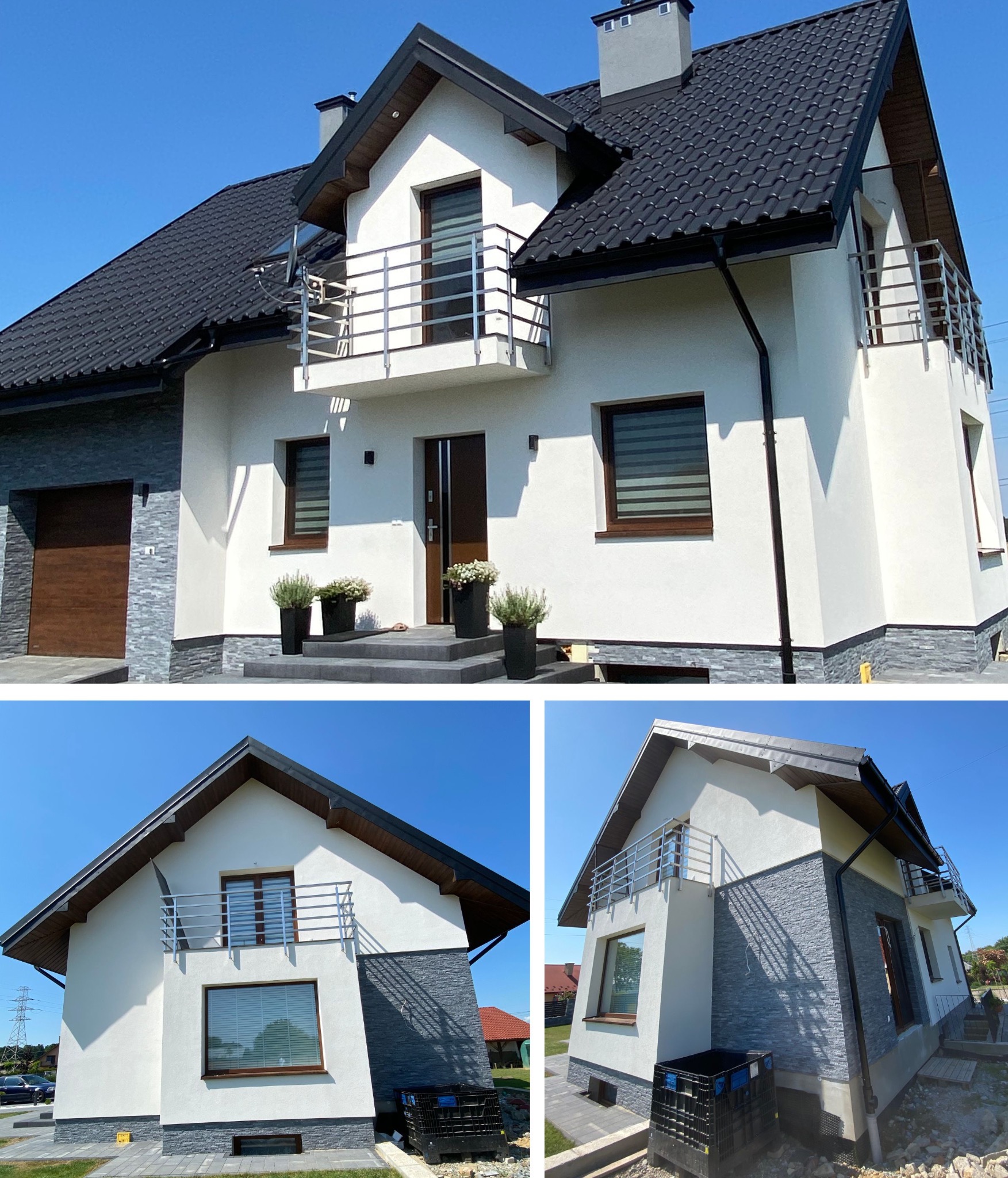 Nowoczesny dom jednorodzinny z białą elewacją, szarą podmurówką z kamienia dekoracyjnego, balkonem z metalową balustradą i ciemną dachówką w słoneczny dzień.