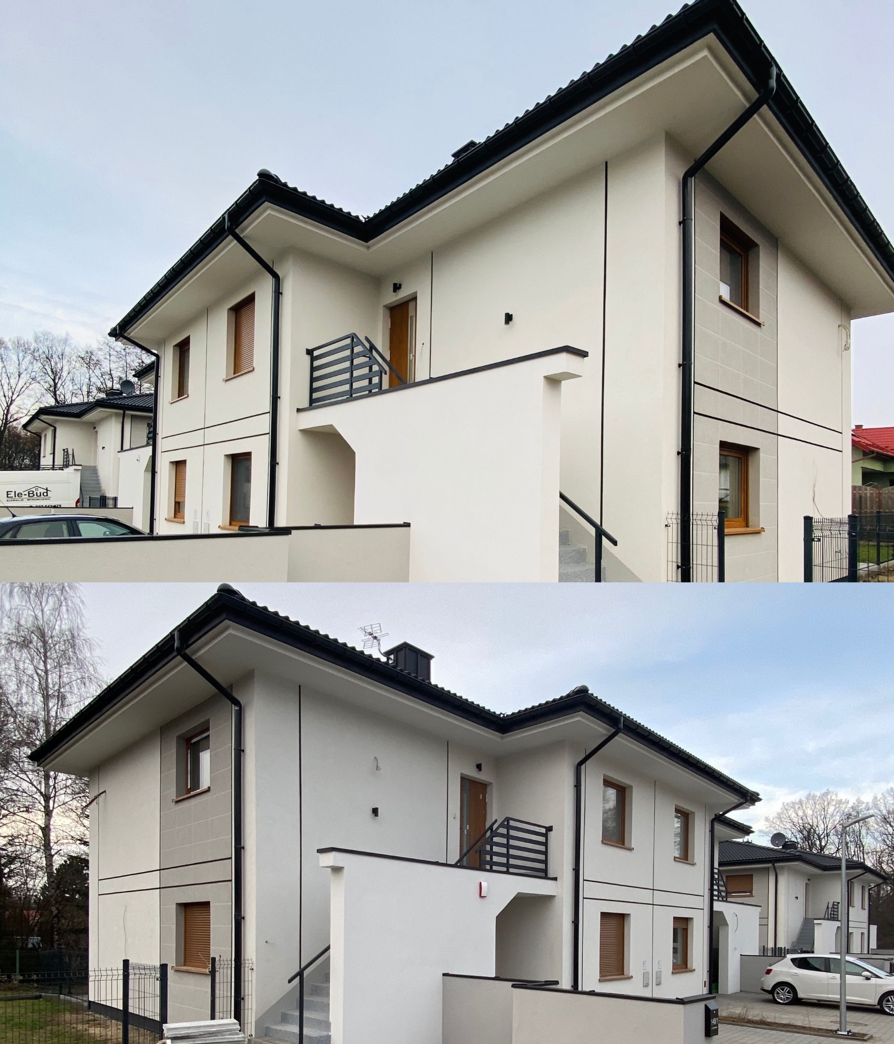 Nowoczesne domy jednorodzinne z białą elewacją, czarnymi akcentami i drewnianymi okiennicami, widok z zewnątrz w pochmurny dzień.