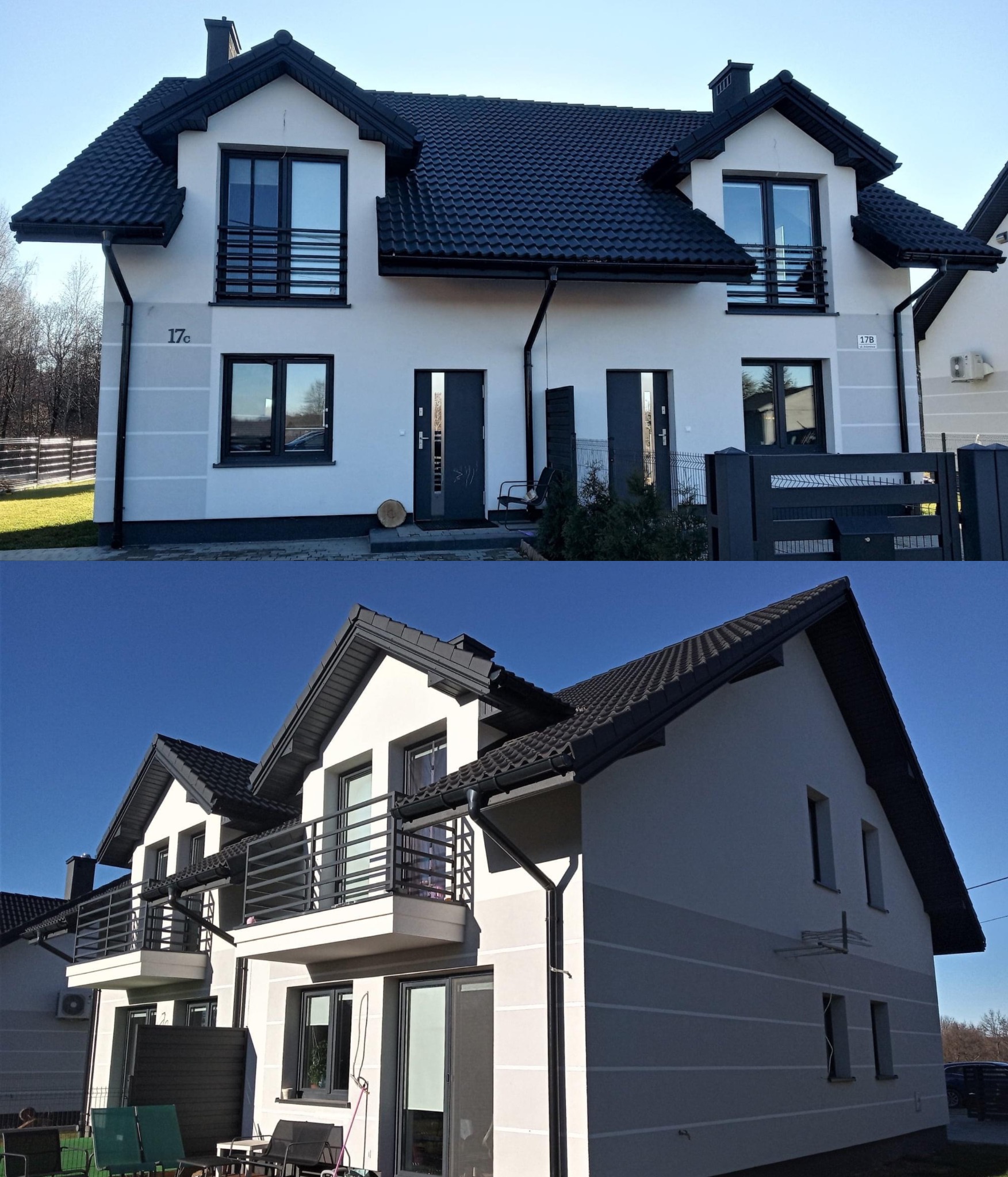 Dwa bliźniacze domy z białą elewacją, czarną stolarką okienną i balustradami balkonowymi, oraz czarnym dachem z dachówki, widok z dwóch różnych perspektyw.