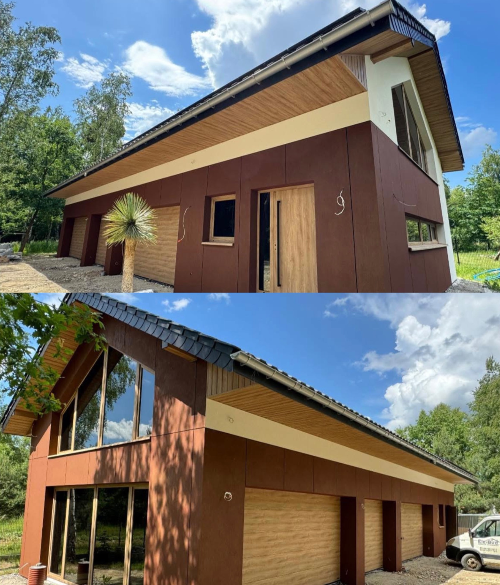 Nowoczesny dom jednorodzinny z brązową elewacją panelową, drewnianymi elementami wykończeniowymi i dużymi oknami, otoczony zielenią w słoneczny dzień.