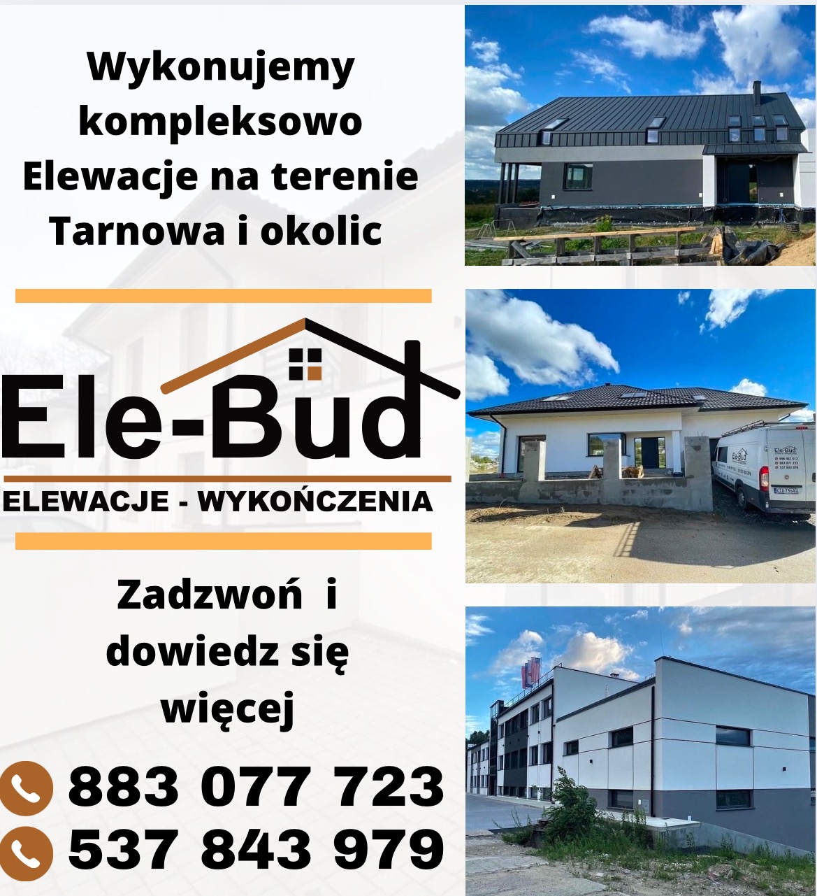 Kompozycja zdjęć domów z wykonanymi elewacjami oraz logo firmy Ele-Bud z numerami telefonów kontaktowych.