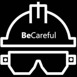 Ikona przedstawiająca kask ochronny z napisem 'BeCareful' oraz okulary ochronne, wszystko w białym konturze na czarnym tle.