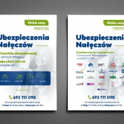 Dwa plakaty reklamowe biura ubezpieczeń w Nałęczowie, oferującego polisy online i niskie ceny, z logotypami współpracujących towarzystw ubezpieczeniowych.