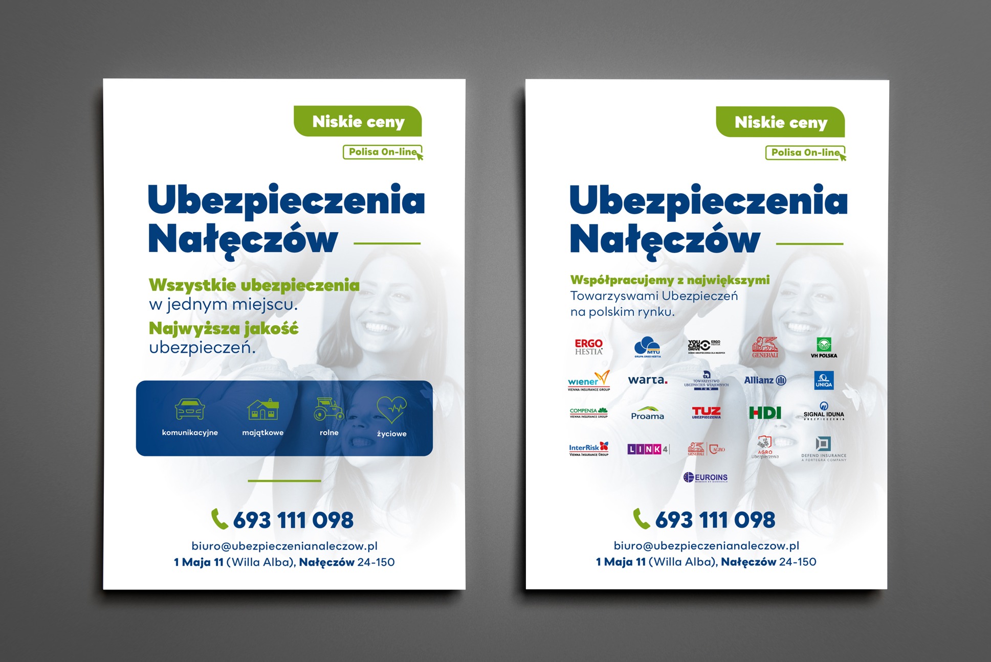 Dwa plakaty reklamowe biura ubezpieczeń w Nałęczowie, oferującego polisy online i niskie ceny, z logotypami współpracujących towarzystw ubezpieczeniowych.