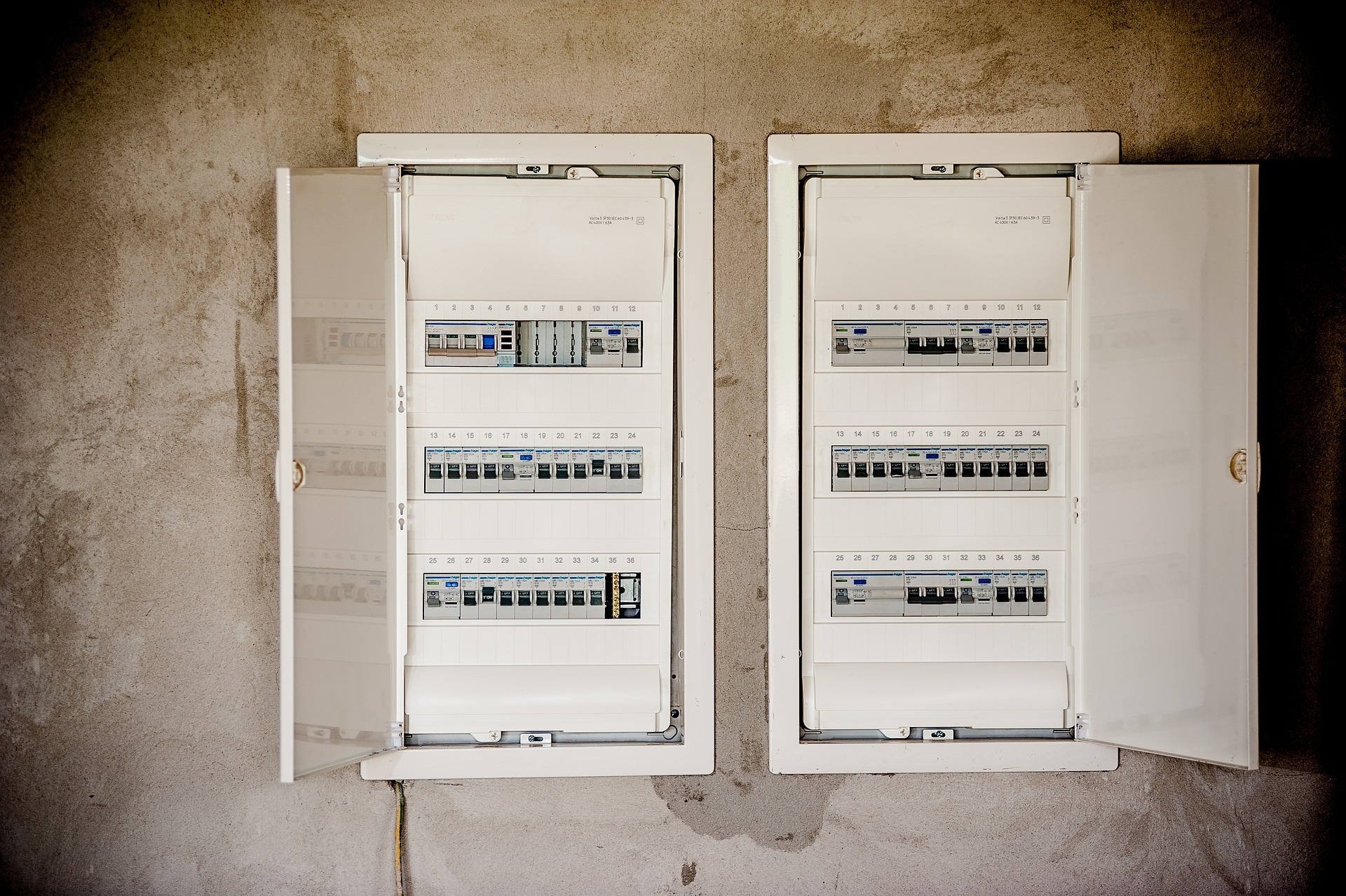 Dwa białe panele elektryczne z otwartymi drzwiczkami, zamontowane na surowej, szarej ścianie. Widoczne bezpieczniki i przełączniki wewnątrz paneli.
