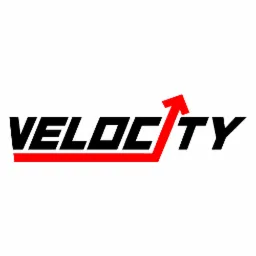 Logo firmy Velocity z czarnym napisem i czerwoną strzałką wznoszącą się od podstawy napisu, symbolizującą wzrost i dynamikę.