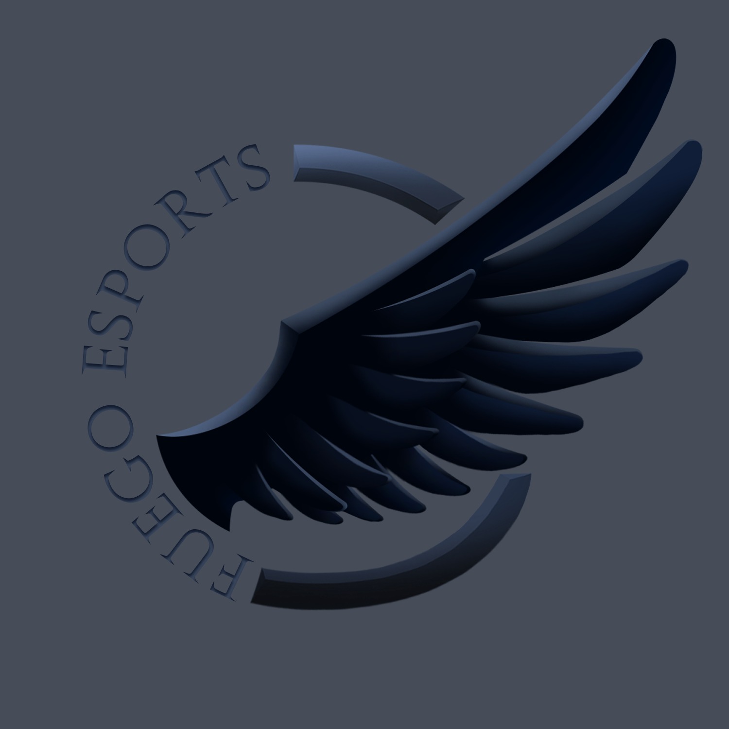 3D render logo FUEGO ESPORTS z ciemnoniebieskim skrzydłem w okręgu, wytłoczone litery.