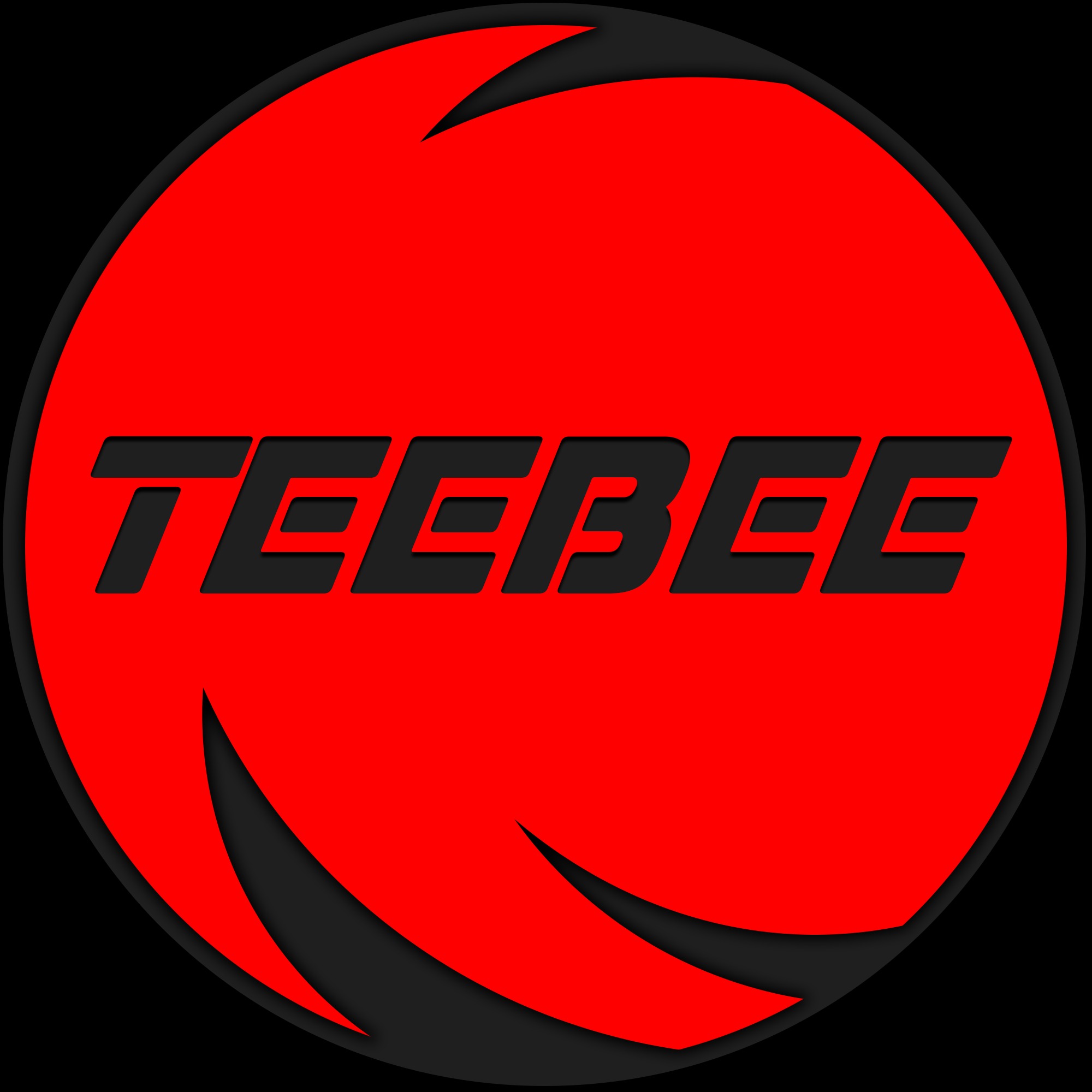 Czerwone logo 'TEEBEE' w czarnej obwódce z elementami graficznymi w kształcie pazurów