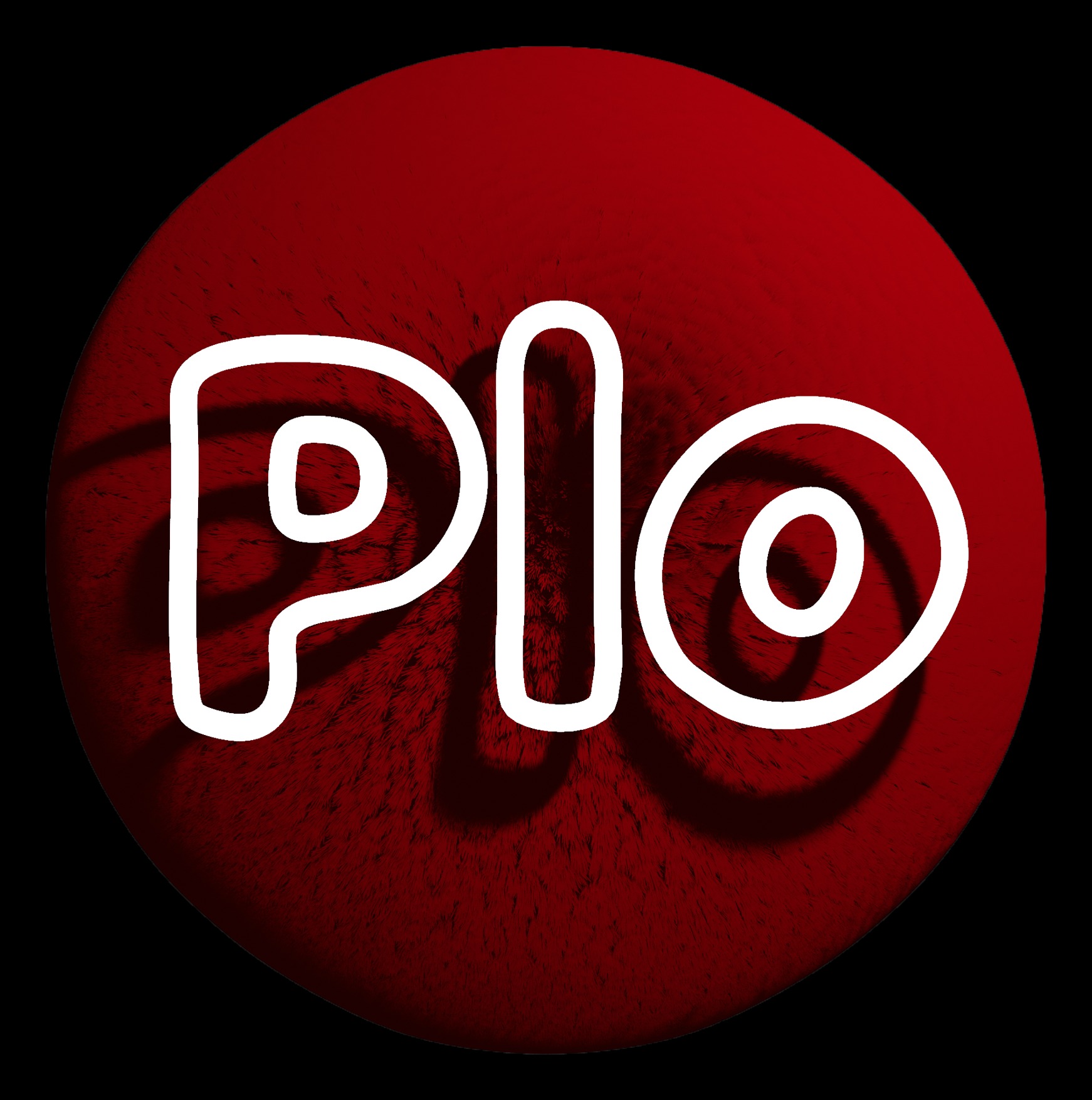 Białe, zaokrąglone litery 'Plo' na czerwonej, teksturowanej kuli z cieniem, na czarnym tle.