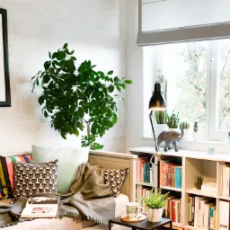 Jasny pokój z kanapą, kolorowymi poduszkami, roślinami doniczkowymi i regałem z książkami, oświetlony lampą stojącą z abażurem w kształcie stożka.