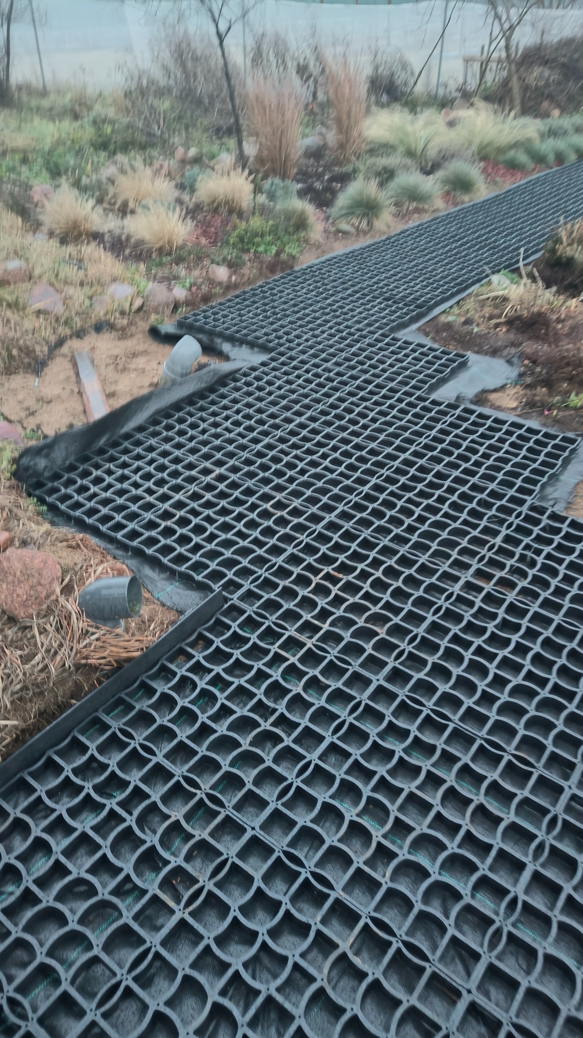 Układanie plastikowej kratki na geowłókninie w ogrodzie, przygotowanie podłoża pod ścieżkę, w tle widoczne trawy ozdobne i kamienie.